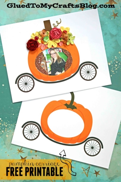 Two white cards with paper pumpkin cinderella carriages are shown. One features a decorated pumpkin with flowers and a photo of a woman in the window; the other is blank. Text reads, “pumpkin carriage free printable.”.