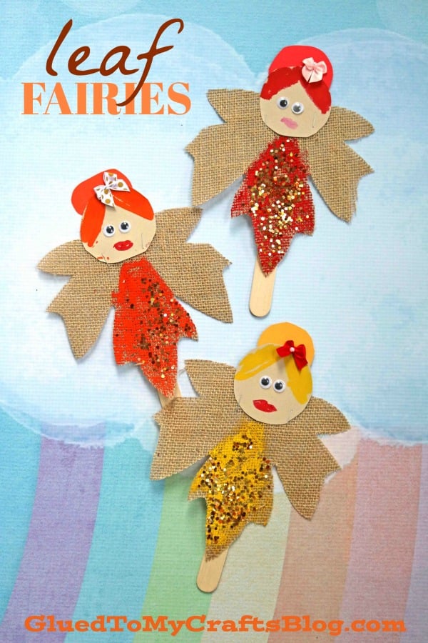 Handcrafted autumn leaf fairy puppet for kids, featuring colorful fall leaves and a whimsical fairy design.