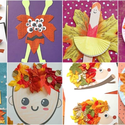 A collage of eight fall-themed kids’ crafts featuring turkeys, leaves, googly eyes, and handprint art—perfect for leaf kid craft ideas—created with paper, foliage, and other materials in bright autumn colors.