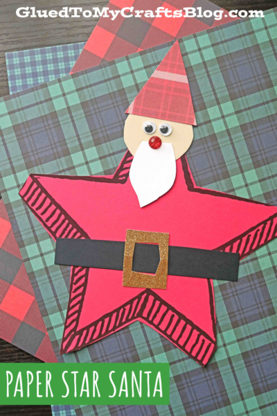 A star shaped Santa crafted from red paper features a hat, white beard, googly eyes, red nose, and black belt with gold buckle, set against plaid-patterned backgrounds. Text reads PAPER STAR SANTA.