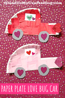 Two paper plate car crafts on a pink polka dot background. Each paper plate love bug is decorated with tissue paper, heart shapes for windows and wheels, plus a heart sticker with faces inside the window. Text reads Paper Plate Love Bug Car.