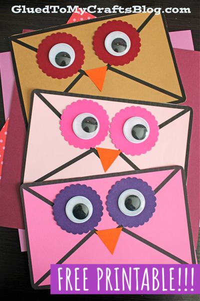 Three handmade Envelope Owl Cards crafted from paper envelopes, each with big googly eyes and orange beaks. The envelopes are pink, brown, and tan. Text on the image reads FREE PRINTABLE!!! and GluedToMyCraftsBlog.com.