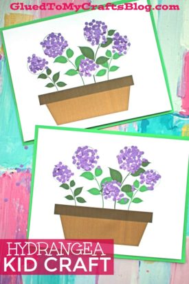 Two handmade cards feature brown paper flowerpots with green leaves and clusters of purple hydrangea flowers, set on a colorful painted background. Text reads HYDRANGEA KID CRAFT—a perfect paper flowerpot craft for kids.