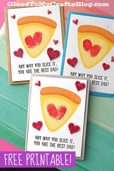 Three handmade greeting cards featuring pie slices with heart-shaped centers and glittery red hearts, with the phrase Any way you slice it, you are the best dad!—a perfect father’s day pizza card on a colorful background.