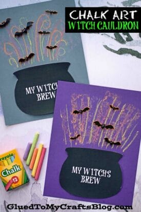 Two Halloween crafts feature black paper cauldrons labeled “MY WITCH’S BREW” on colorful backgrounds. Chalk art witch cauldron designs and bat stickers add a magical touch, with Crayola chalk and a small box nearby. Text: Chalk Art Witch Cauldron.