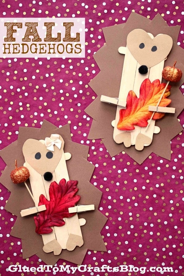 Popsicle stick hedgehog puppet craft with fall-themed decorations, created for kids to make during the fall season.