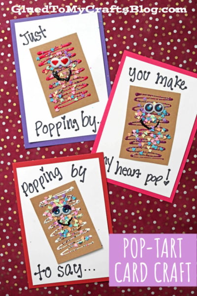 Three colorful handmade paper pop-tart cards with googly eyes, heart sprinkles, and fun messages like Just popping by and You make my heart pop! on a red polka dot background. “Pop-Tart Card Craft” text in the corner.