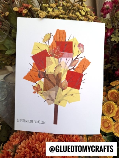 A vibrant Tissue Paper Fall Tree is created by collaging colored paper cut into leaf shapes, forming a tree on white paper and surrounded by fall flowers. The username @GLUEDTOMYCRAFTS is displayed at the bottom.