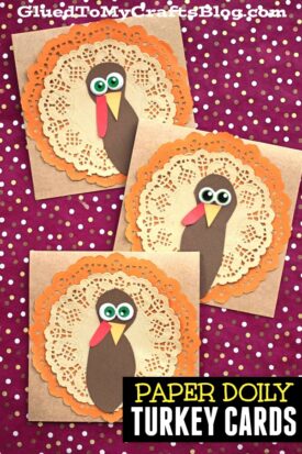 Three handmade paper doily turkey cards on a red polka dot background, each featuring a paper doily turkey with tail feathers and a cute turkey made from brown, orange, and red paper with big googly eyes.