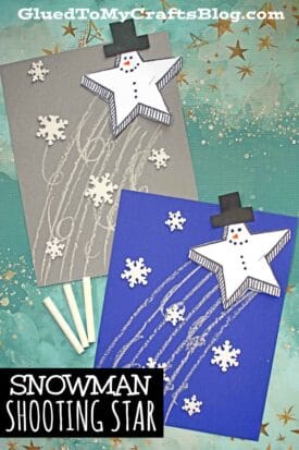 Two handmade cards feature a snowman shooting star, shaped like a star with a black hat and glittery streaks. Each card is adorned with white snowflakes and set against different colored paper backgrounds.