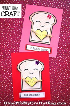 Two Punny Toast Cards feature smiling cartoon toast holding a yellow heart with clothespins. The pink card says “We are butter together!” and the red card says “You’re my butter half!” on a red polka dot background.