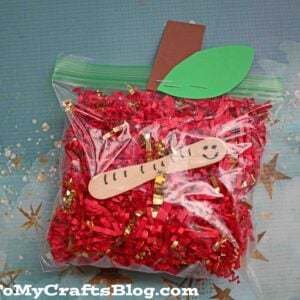 A crinkle paper apple craft: a ziplock bag filled with red and gold crinkle paper, decorated with a green paper leaf, brown paper stem, and a smiling craft stick worm.