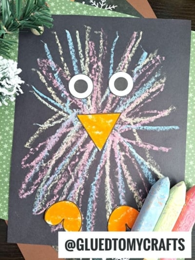 A black paper features a colorful baby bird owl made from chalk streaks, with large round eyes, a yellow beak, and orange feet. Three chunky pastel sidewalk chalks are nearby, and a snowy pine branch decorates the top left corner.