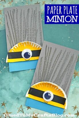 Two handmade paper plate minions crafted from plates, gray and blue paper, with large googly eyes and yellow painted details, are displayed on a star-patterned teal background. Text reads Paper Plate Minion at the top right.