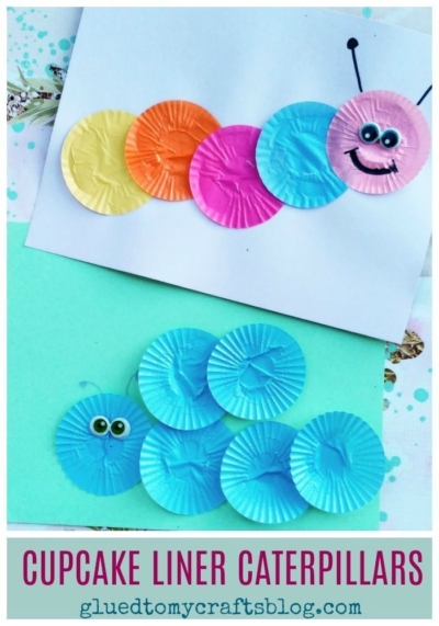 Two paper caterpillars made from colorful cupcake liners are glued to cards, each showcasing a playful cupcake liner caterpillar. One caterpillar features a smiley face and antennae, while the other sports googly eyes. CUPCAKE LINER CATERPILLARS text is at the bottom.