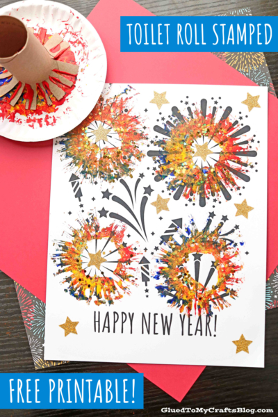 A festive New Year’s craft featuring toilet roll stamped fireworks on white paper with colorful paint. The page says Happy New Year! and is decorated with gold stars for extra sparkle.