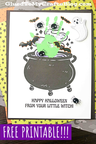A Halloween craft card features a handprint Halloween cauldron with googly eyes, bats, spiders, and a ghost. The text reads, Happy Halloween from your little witch! Grab this FREE PRINTABLE little witch keepsake today!.
