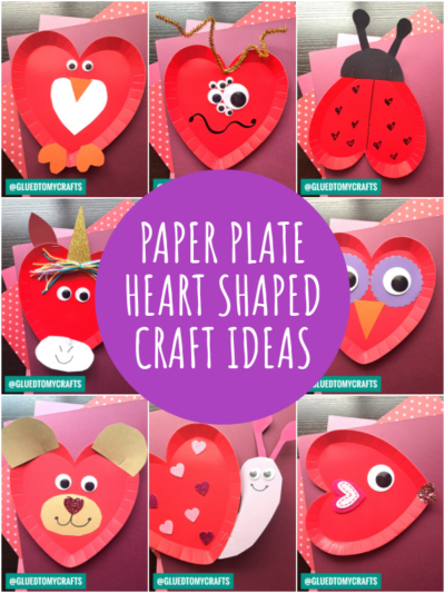 A collage of eight colorful paper plate heart crafts, featuring animals and decorative designs, surrounds a purple circle with the text “Paper Plate Heart Shaped Craft Ideas” in white.