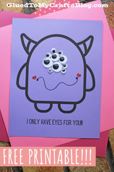 A purple card featuring a cute cartoon monster outlined in black with six googly eyes and two small red heart stickers. The text reads, “I only have eyes for you!!!” and FREE PRINTABLE!!!—perfect for sharing how you truly only have eyes for someone special.