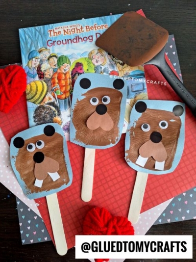 Spatula Stamped Groundhog Puppets