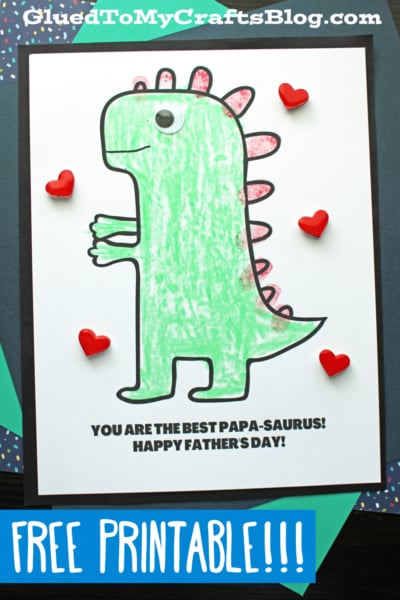 A green dinosaur drawing with a googly eye and pink spikes is surrounded by red heart shapes. This adorable papa-saurus card says, "You are the best Papa-saurus! Happy Fathers Day!" Free printable!!! on the bottom.