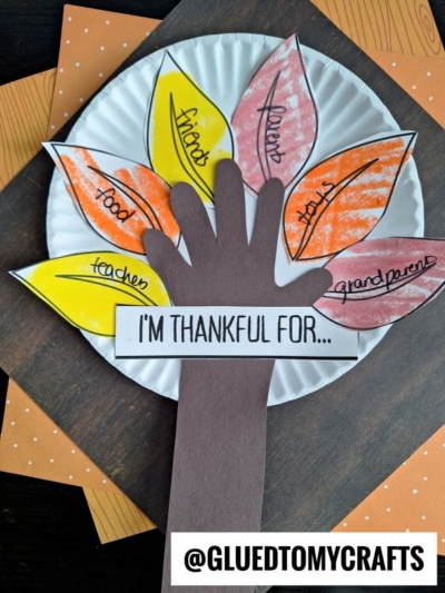 A Thanksgiving craft with a paper hand on a plate, surrounded by leaf shapes labeled friends, food, family, teachers, health, and grandparents—just like a thankful tree craft—plus a sign reading “I’m thankful for...”.