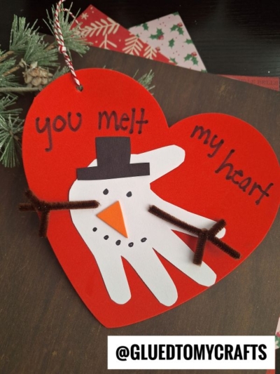 Handprint Melted Snowman - use craft foam hearts to make it an ornament