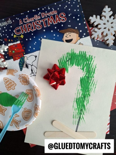 FORK PAINTED CHARLIE BROWN CHRISTMAS TREE - USE CRAFT STICKS & A RED BOW