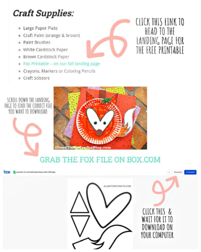 Instructional graphic for a fox craft includes a supply list, colorful example photo, Frequently Asked Questions section, download directions with arrows and text, plus a black-and-white fox template for printing and coloring.