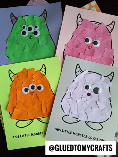 Four handmade torn paper monster cards with creative, ripped-paper bodies in green, pink, orange, and white. Each playful monster features googly eyes and horns drawn on pastel paper. @gluedtomycrafts text is at the bottom right corner.