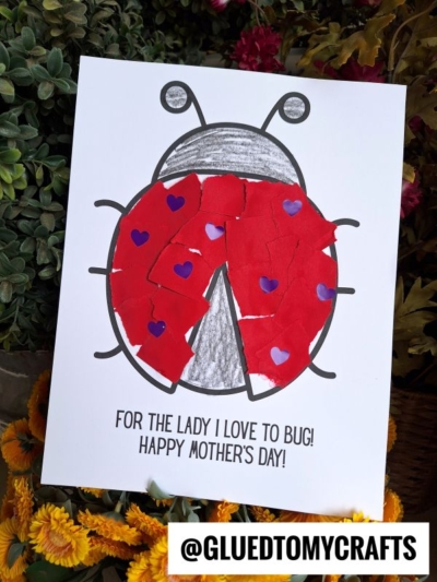 A Mothers Day card featuring a torn paper ladybug with red wings and purple heart stickers. The text reads, FOR THE LADY I LOVE TO BUG! HAPPY MOTHERS DAY! Surrounded by green and yellow plants.