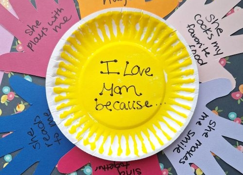 HANDPRINT & PAPER PLATE I LOVE MOM FLOWER