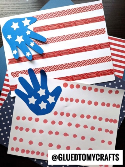 Two handmade 4th of July keepsakes feature American flag crafts with blue paper handprints as the star sections, red stripes or dots for stripes, and a “@GLUEDTOMYCRAFTS” watermark at the bottom.