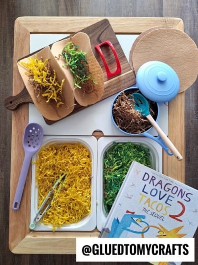 DRAGONS LOVE TACOS PLAY IDEA - USE CRINKLE PAPER AND FELT TO MAKE TACOS