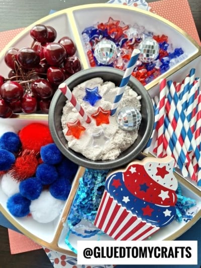 PATRIOTIC CUPCAKE PLAY - USE KINETIC SAND, SMALL PANS AND EMBELLISHMENTS