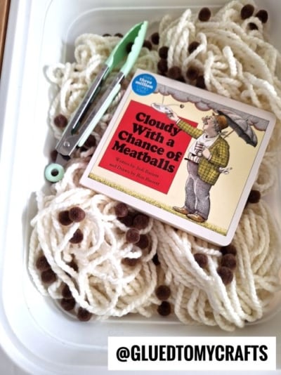 CLOUDLY WITH A CHANCE OF MEATBALLS - USE CRAFT YARN, POM POMS AND PLASTIC FOOD