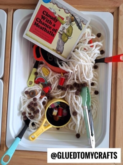 CLOUDLY WITH A CHANCE OF MEATBALLS - USE CRAFT YARN, POM POMS AND PLASTIC FOOD