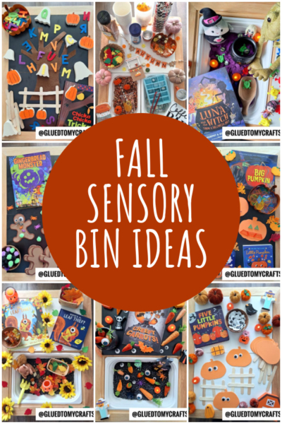 A collage of fall-themed sensory bins with pumpkins, leaves, sunflowers, books, and Halloween decorations surrounds a large orange circle reading “Fall Themed Sensory Bin Ideas” in white text.