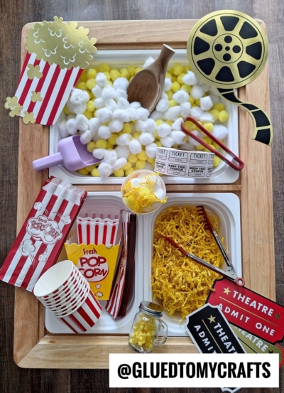 POPCORN SENSORY BIN IDEA - USE COTTON BALLS AND CRINKLE PAPER