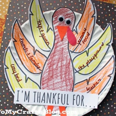 A paper plate thankful turkey craft with colored feathers labeled with things to be thankful for, like my family, teachers, food, and the playground. Text reads, IM THANKFUL FOR...