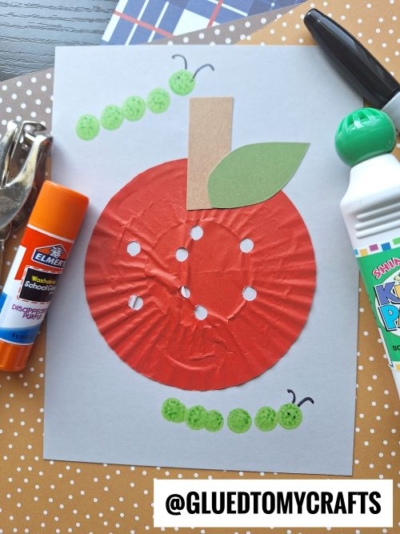 CUPCAKE LINER RED APPLE WITH CATERPILLARS - USE A HOLE PUNCH TO MAKE THE HOLES