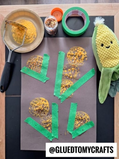 Potato Masher Stamped Corn - use painter's tape for the greenery