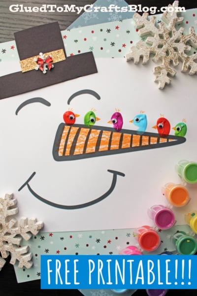 Fingerprint Birds on Snowman Carrot Nose - Free Printable Included!