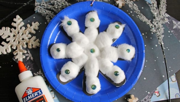 Paper Plate & Cotton Ball Snowflake Ornament Craft Idea
