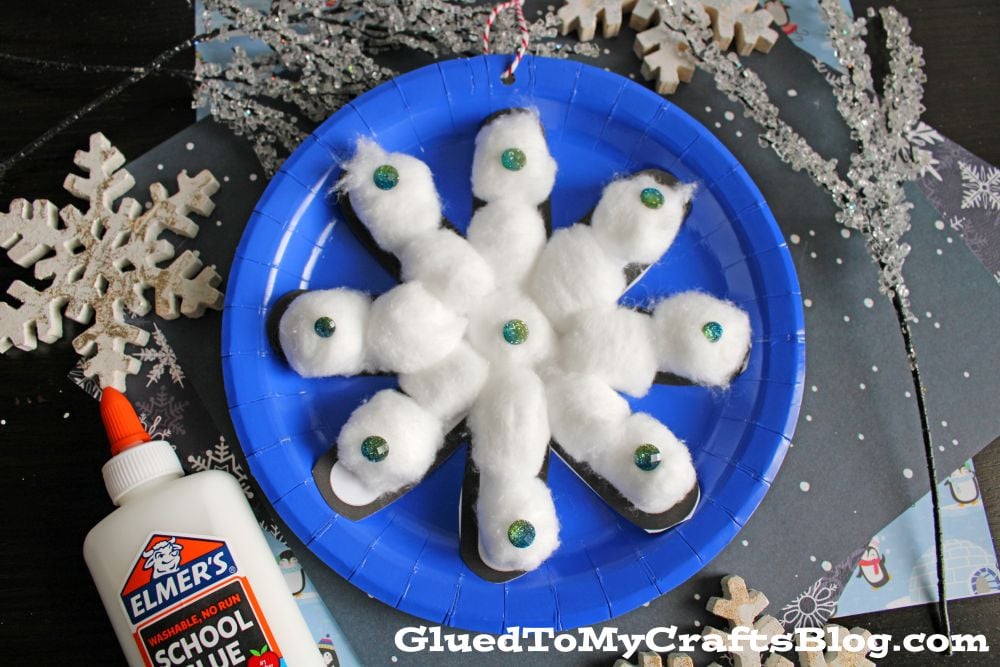 Paper Plate & Cotton Ball Snowflake Ornament Craft Idea