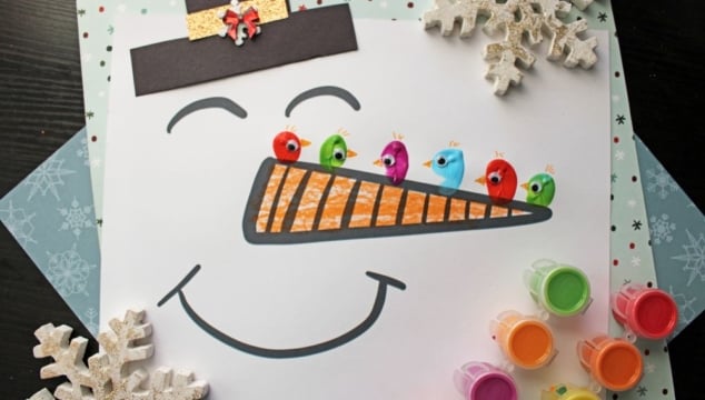 Fingerprint Birds on Snowman Carrot Nose - Free Printable Included!