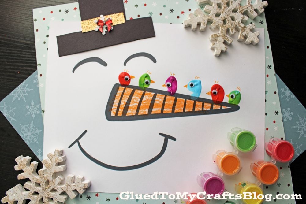 Fingerprint Birds on Snowman Carrot Nose - Free Printable Included!
