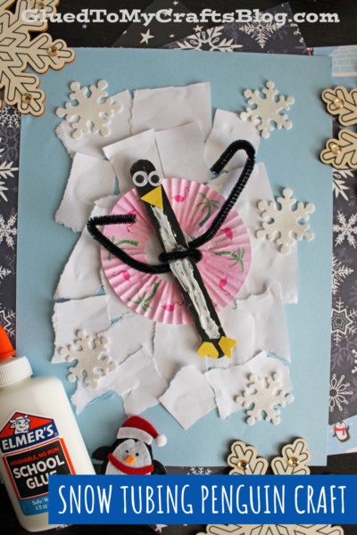 Torn Paper & Popsicle Stick Snow Tubing Penguin Craft Idea