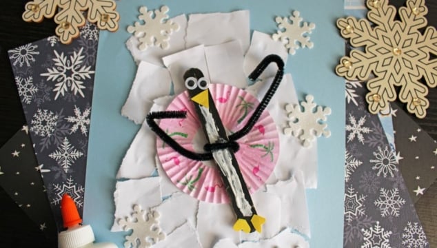 Torn Paper & Popsicle Stick Snow Tubing Penguin Craft Idea