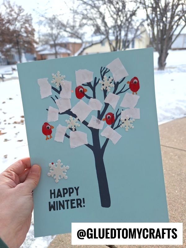 Torn Paper Winter Tree Craft Idea w/Fingerprint Cardinals